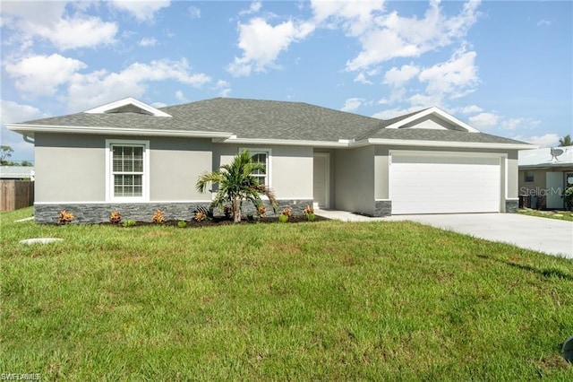 view of front of property with a garage, stone siding, a front yard, and stucco siding