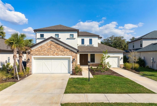 traditional home with a garage, driveway, stone siding, a front lawn, and stucco siding