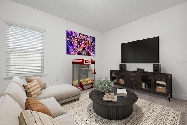 living room featuring carpet floors and baseboards