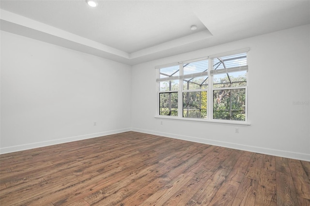 spare room with a tray ceiling, wood-type flooring, and baseboards