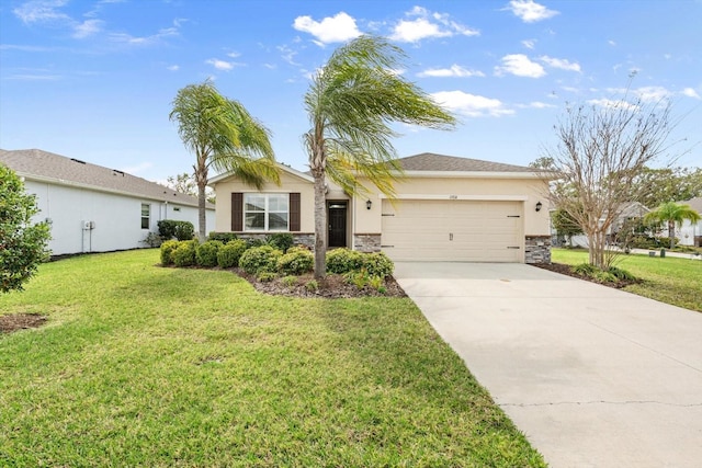 ranch-style house featuring an attached garage, driveway, a front yard, and stucco siding