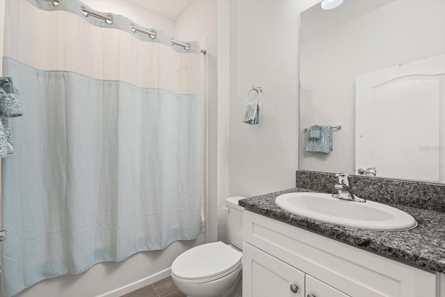 full bathroom with vanity, tile patterned flooring, shower / bath combination with curtain, and toilet