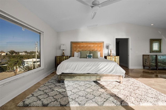 bedroom with lofted ceiling, ceiling fan, recessed lighting, and baseboards