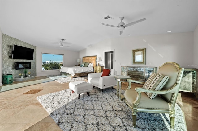 bedroom featuring a large fireplace, visible vents, a ceiling fan, lofted ceiling, and recessed lighting