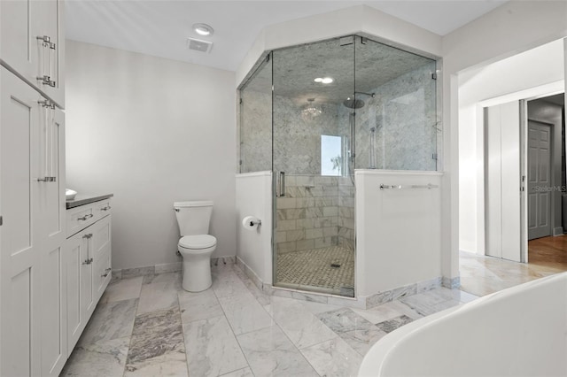 full bathroom featuring marble finish floor, visible vents, toilet, a stall shower, and baseboards