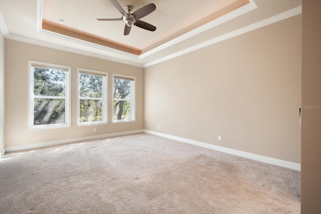 carpeted spare room with crown molding, a raised ceiling, and baseboards