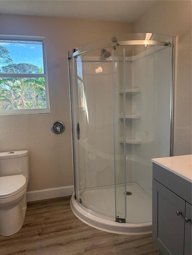 bathroom with toilet, vanity, a shower stall, and wood finished floors