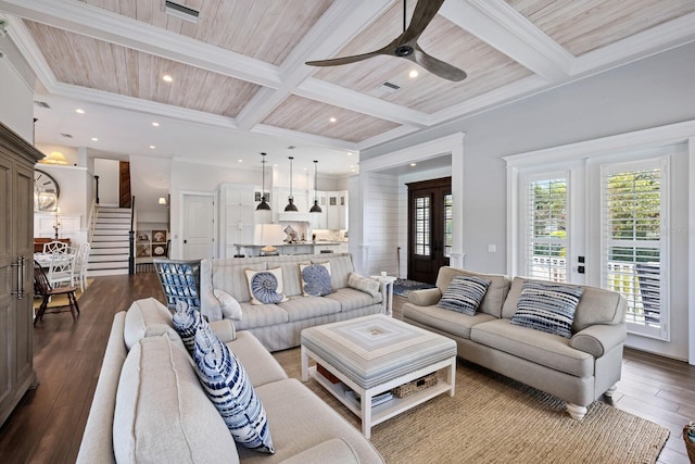 living area featuring coffered ceiling, wooden ceiling, dark wood-style floors, beamed ceiling, and stairs