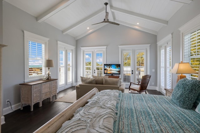 bedroom with access to exterior, recessed lighting, lofted ceiling with beams, wood finished floors, and baseboards