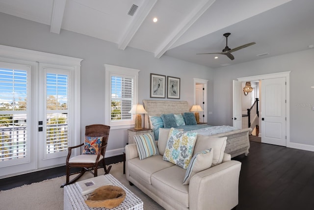 bedroom featuring access to outside, dark wood-style flooring, lofted ceiling with beams, and baseboards