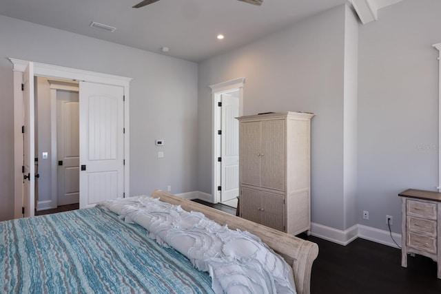 bedroom featuring dark wood-style floors, recessed lighting, visible vents, and baseboards