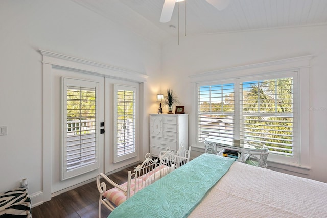 bedroom featuring lofted ceiling, multiple windows, wood finished floors, and access to exterior