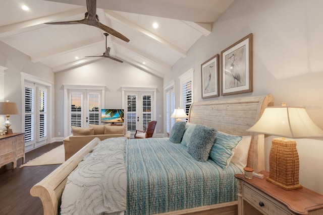 bedroom with access to outside, french doors, beamed ceiling, and recessed lighting