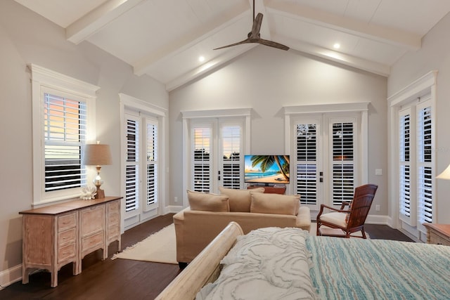 bedroom with access to exterior, french doors, dark wood-type flooring, and vaulted ceiling with beams