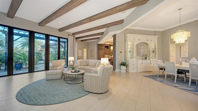 living area with baseboards, beam ceiling, and a chandelier