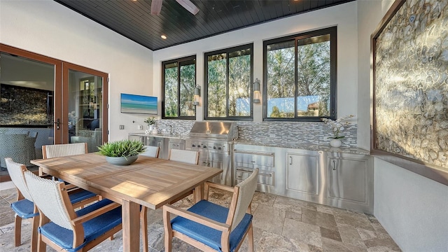 interior space with french doors and wood ceiling