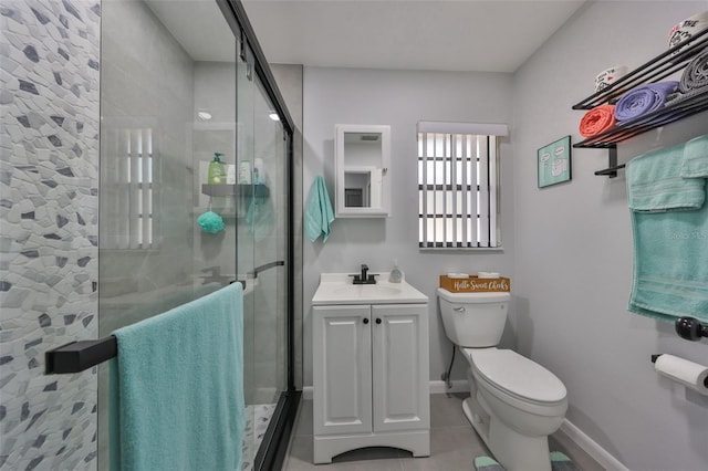 full bath with a stall shower, baseboards, vanity, and toilet