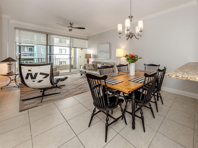 dining space featuring light tile patterned floors, ceiling fan with notable chandelier, baseboards, and crown molding