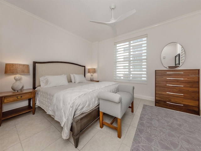 bedroom with ceiling fan, crown molding, baseboards, and light tile patterned floors