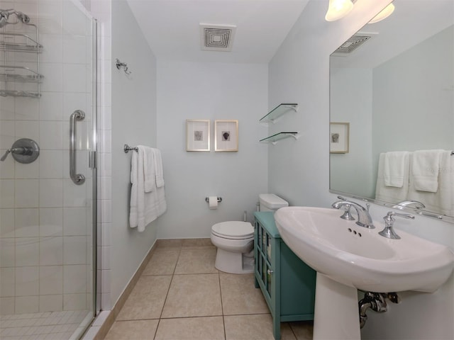 bathroom with toilet, visible vents, baseboards, a shower stall, and tile patterned floors