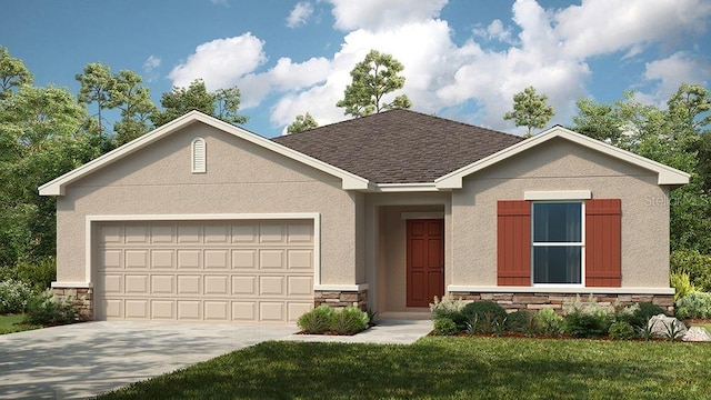 single story home featuring an attached garage, stone siding, concrete driveway, and stucco siding