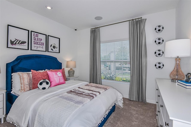 bedroom with recessed lighting, carpet, and baseboards