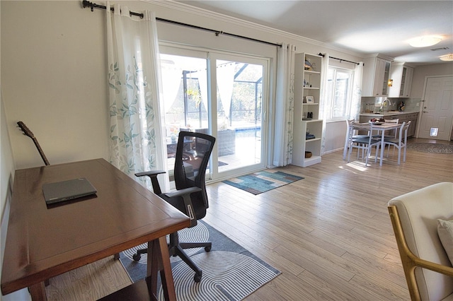 home office with light wood-style floors, crown molding, visible vents, and a sink