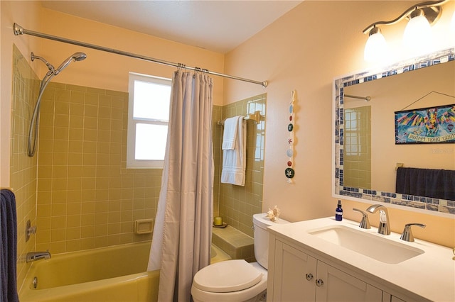 bathroom with toilet, shower / bath combo with shower curtain, and vanity