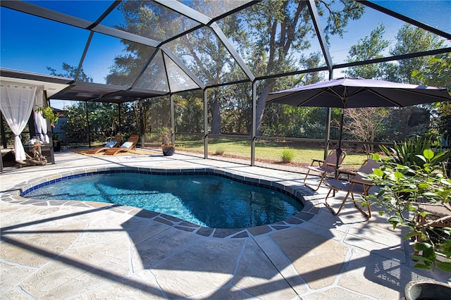 outdoor pool with a patio area and glass enclosure