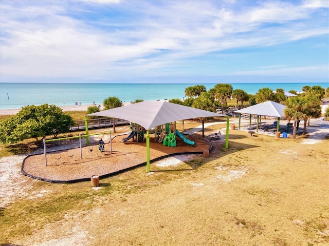 community play area featuring a gazebo and a water view