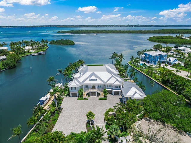 drone / aerial view featuring a water view