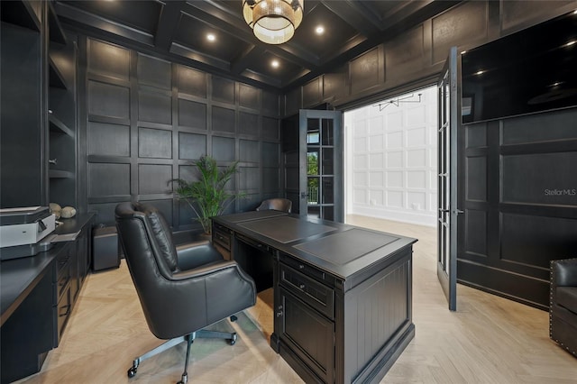 home office featuring recessed lighting, coffered ceiling, beam ceiling, and a decorative wall