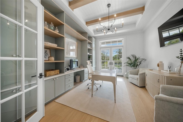 office featuring a chandelier, light wood-style flooring, french doors, built in desk, and beamed ceiling