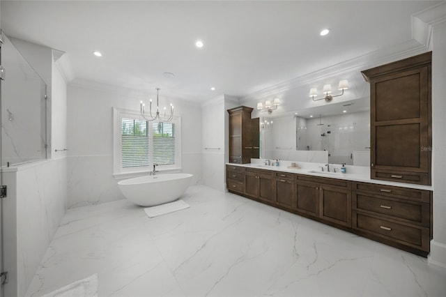 full bathroom featuring marble finish floor, a marble finish shower, double vanity, a freestanding bath, and a sink