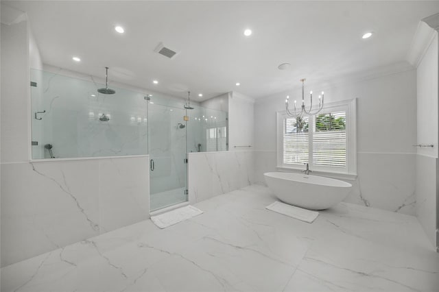 bathroom featuring marble finish floor, a marble finish shower, visible vents, and crown molding