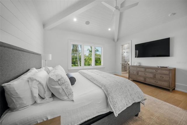 bedroom with a ceiling fan, light wood-type flooring, lofted ceiling with beams, and baseboards