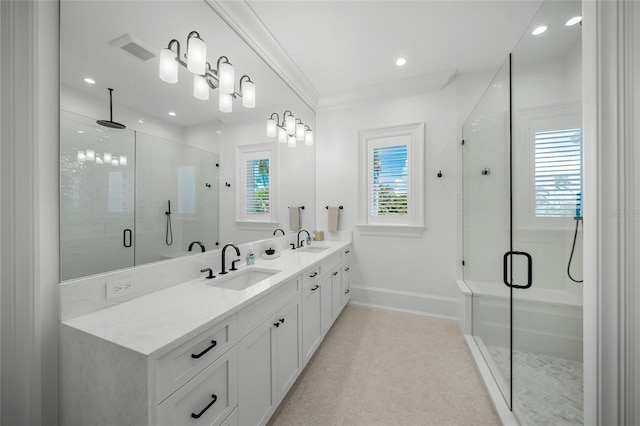 bathroom with crown molding, double vanity, a sink, and a shower stall