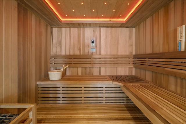 view of sauna featuring recessed lighting