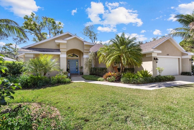 view of front of house with an attached garage, a shingled roof, driveway, stucco siding, and a front lawn