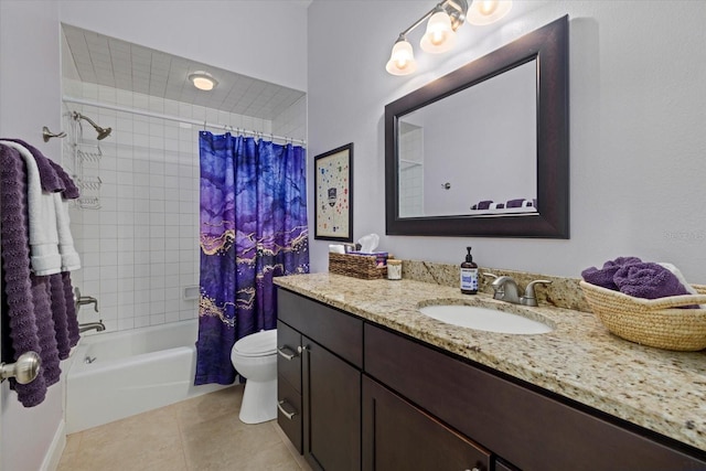 bathroom with tile patterned flooring, shower / tub combo with curtain, vanity, and toilet