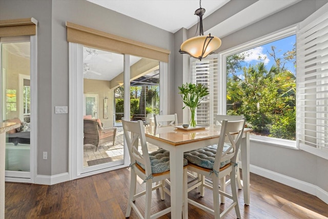 dining space with a wealth of natural light, baseboards, and wood finished floors