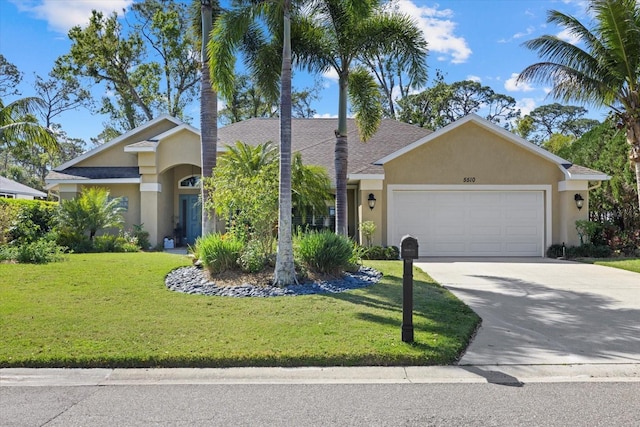 view of front of home with a garage, a front yard, concrete driveway, and stucco siding