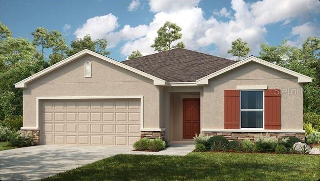 view of front of home featuring stone siding, an attached garage, and concrete driveway