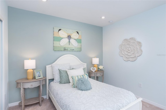 bedroom with carpet floors, recessed lighting, and baseboards