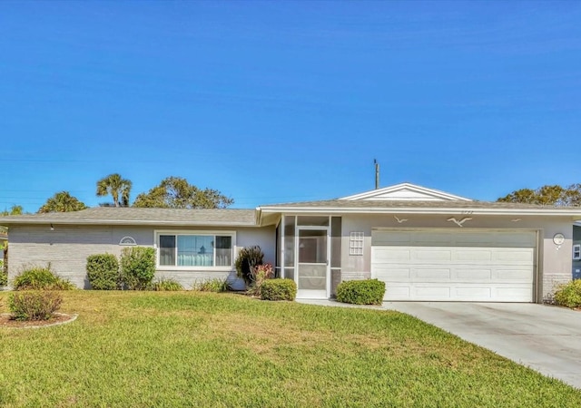 single story home with a garage, concrete driveway, stucco siding, a front lawn, and brick siding