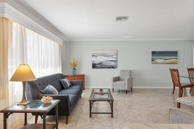 living area with marble finish floor, baseboards, visible vents, and ornamental molding