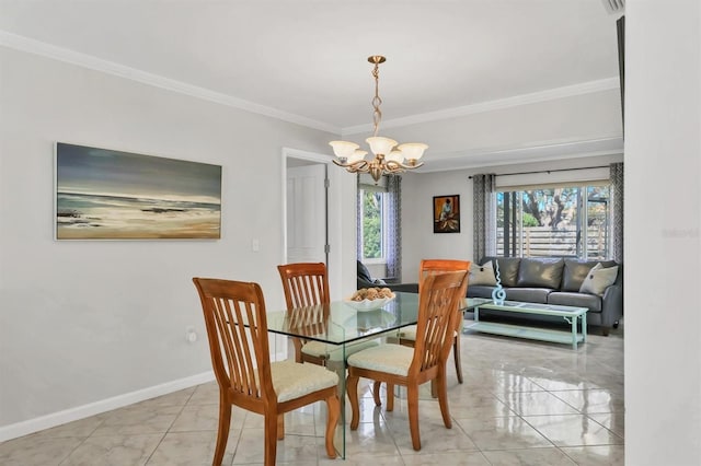 dining room with baseboards, crown molding, an inviting chandelier, and a healthy amount of sunlight