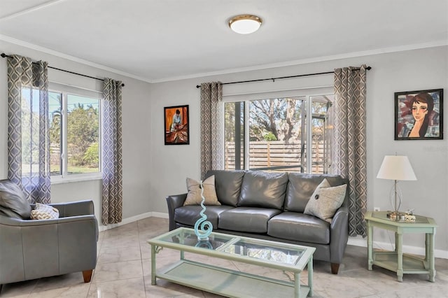 living room with a healthy amount of sunlight, baseboards, and ornamental molding