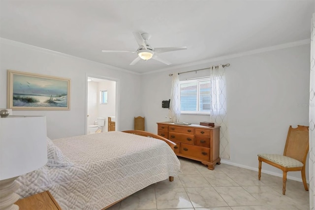 bedroom featuring ornamental molding, connected bathroom, ceiling fan, and baseboards