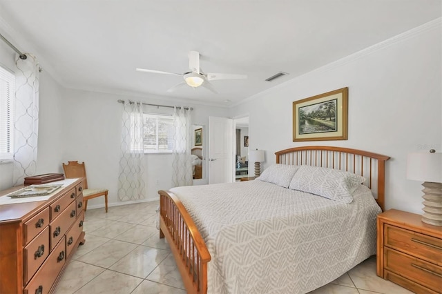 bedroom with baseboards, visible vents, a ceiling fan, ornamental molding, and light tile patterned flooring